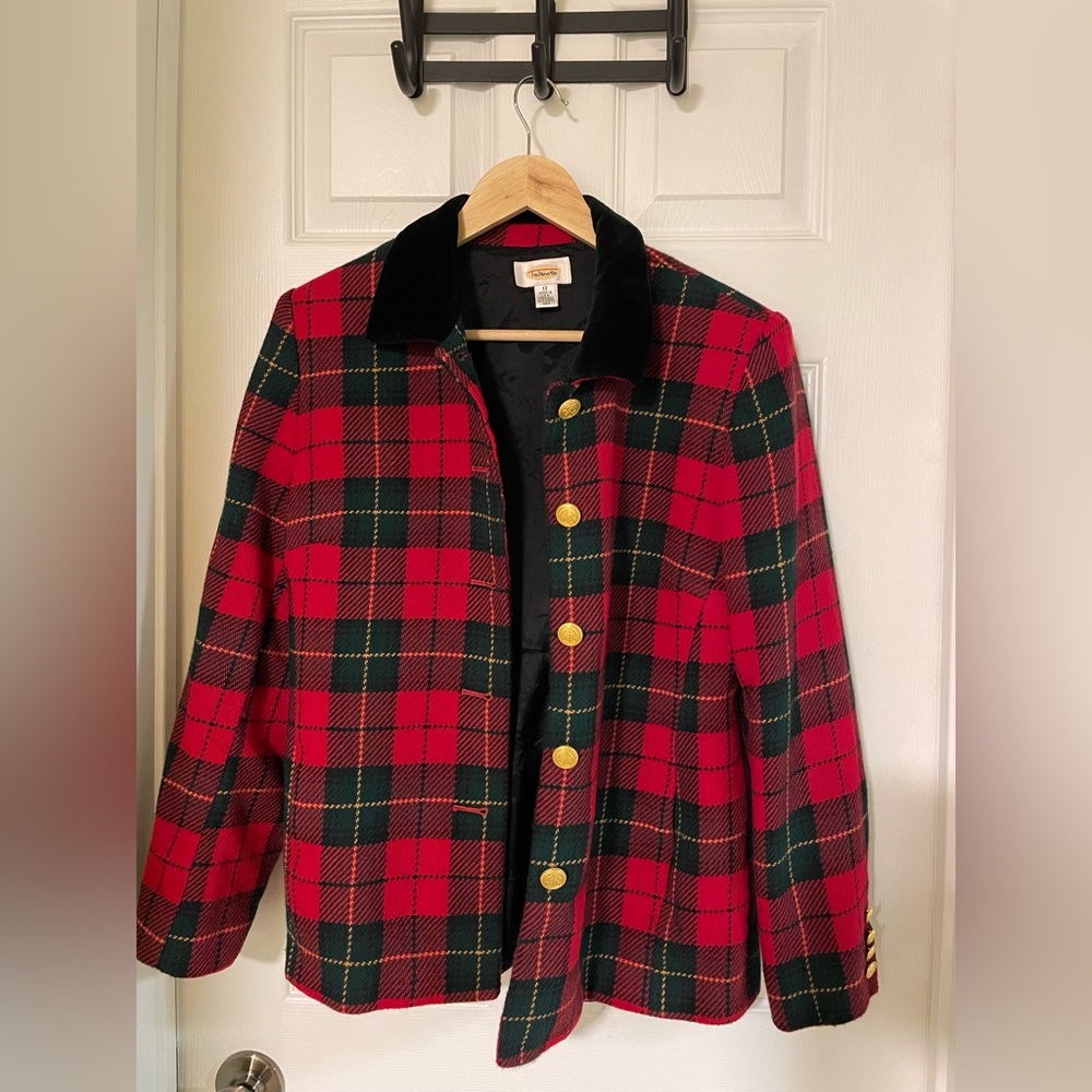 Talbots Vintage Christmas Plaid Women's Jacket with Gold Buttons